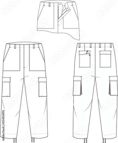 Men's Cargo Pants Front, Side, and Back Illustration, Utility Pants with Pockets and Zipper
