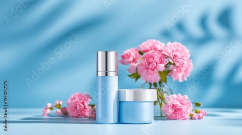 Elegant blue cosmetic bottles and jars are displayed with fresh pink carnations against a soft blue background, creating a fresh and calming beauty scene.
