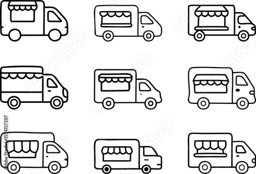 Food Truck Icon Set Hand Drawn Outline Style for Street Food and Mobile Kitchen Concept