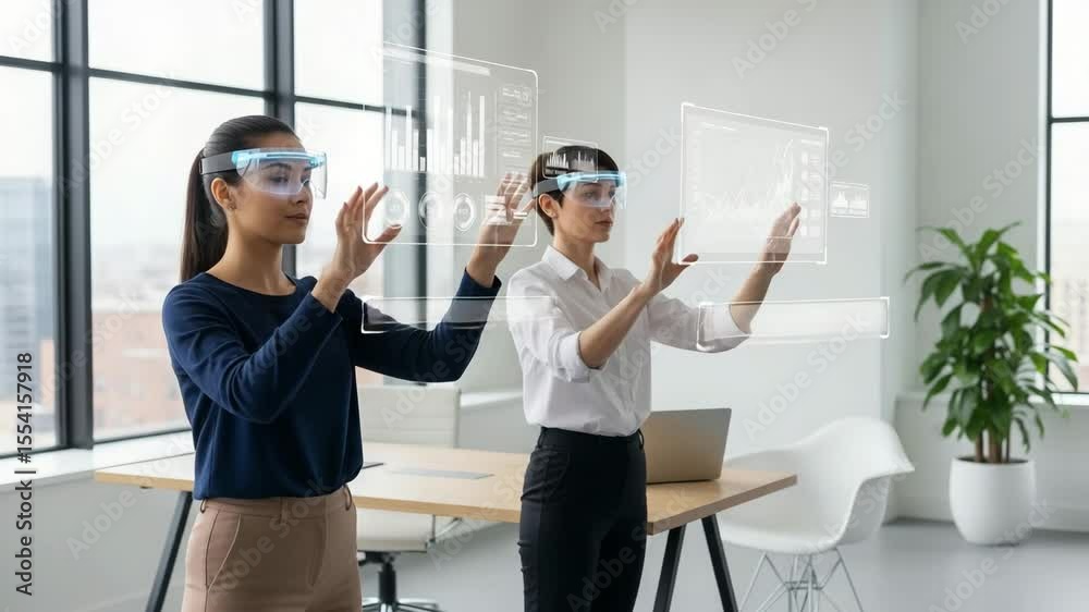 Two businesswomen using futuristic technology, interacting with holographic displays.