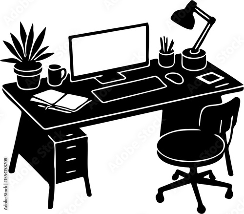 silhouette vector illustration of a work desk, isolated on white
