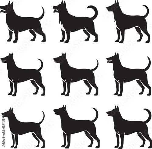 Group of dog silhouettes showing playful and calm canine behaviors

