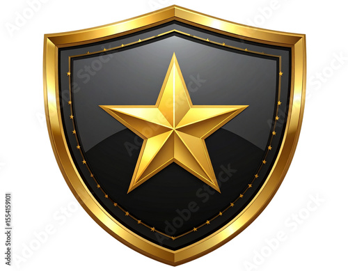 Glossy Black Shield Emblem with Central Gold Star, Transparent PNG