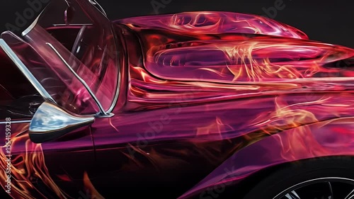 Glossy Red Car With Flame Graphics Featuring Black Interior And Reflected Light Aesthetic Design And Bold Colors