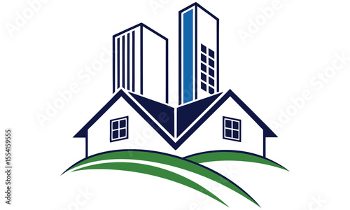 A logo featuring two houses with a shared roof and two buildings behind them on green hills against white
