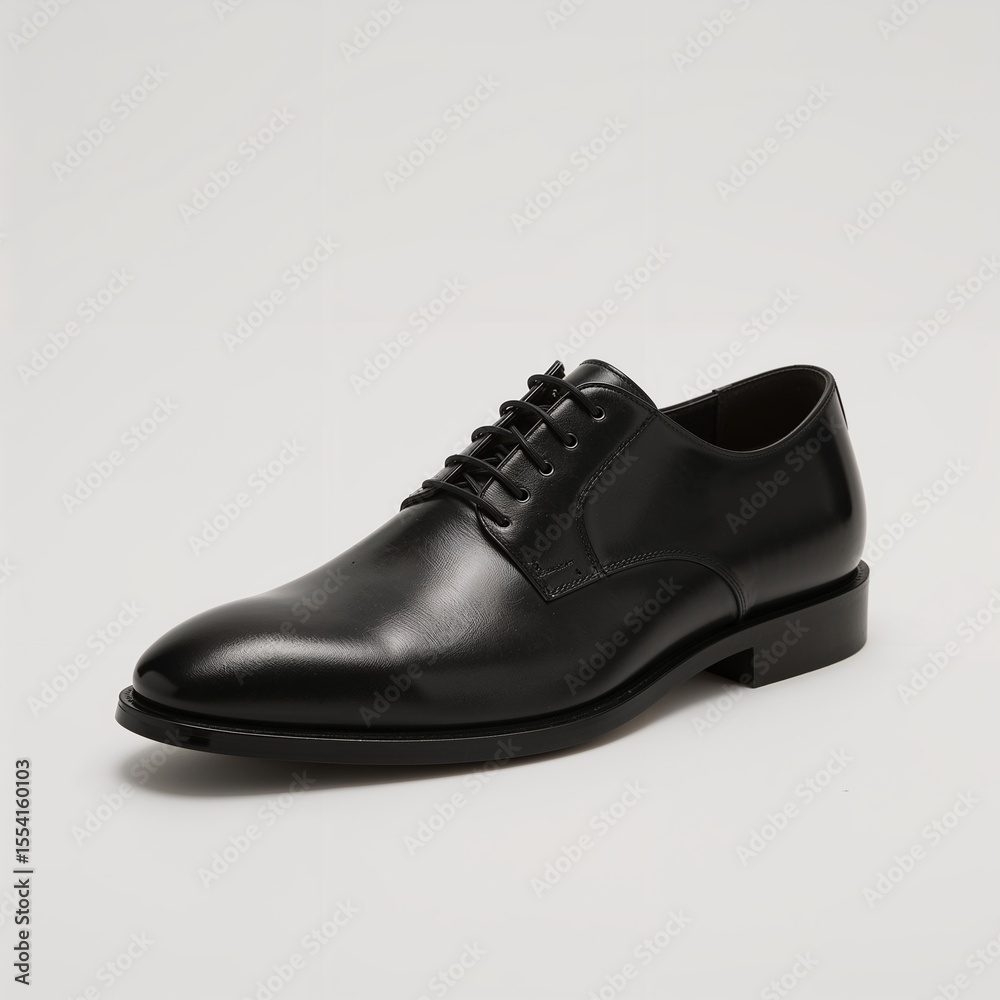 A single black dress shoe, designed for formal wear, showcasing its polished leather surface and intricate details A single black dress shoe, designed for formal wear, showcasing its polished leather surface and intricate details