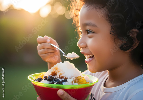 Happy Child Eating Brightly Colored Es Campur
