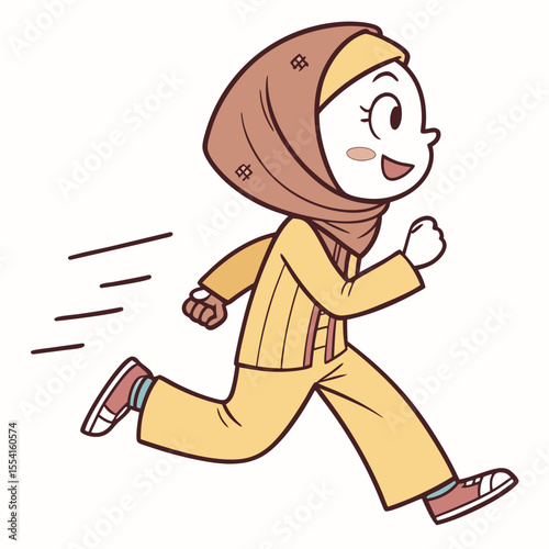 A muslim girl running cartoon illustration. Isolated on white background