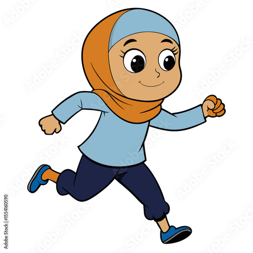 A muslim girl running cartoon illustration. Isolated on white background
