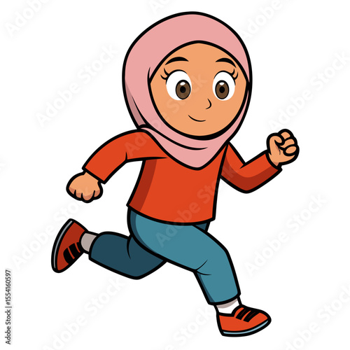 A muslim girl running cartoon illustration. Isolated on white background