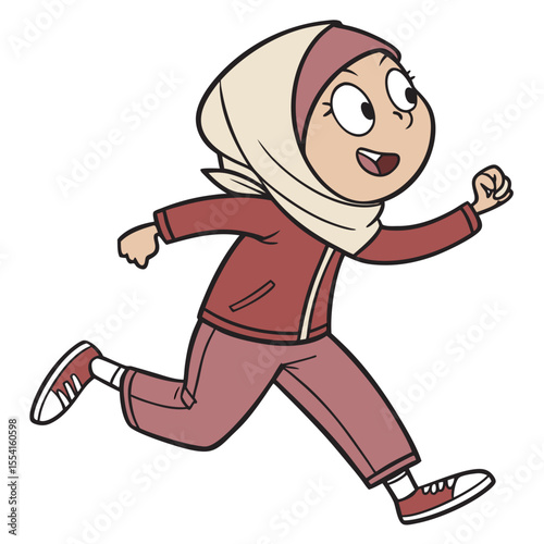 A muslim girl running cartoon illustration. Isolated on white background