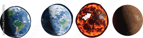 Planet Earth evolution from lush greenery to fiery destruction, visualizing environmental transformation, climate impact, cosmic change, educational resource, scientific illustration, powerful space i