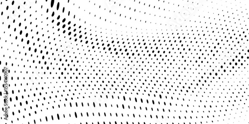 Black halftone dot wave pattern. Abstract grain fluid texture background. Dotted grit curve wallpaper. Rasterized undulate swoosh overlay for poster, leaflet, booklet, banner, brochure, flyer