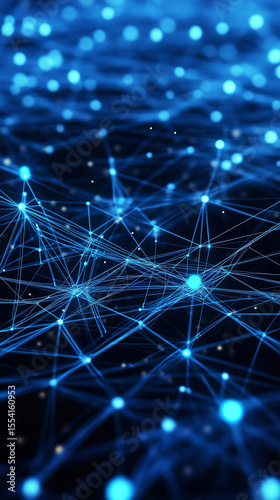 Abstract digital network, interconnected glowing blue nodes and lines, neural network. Ai generated image