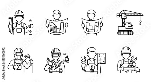 Line drawings depicting various construction workers and crane in a row, isolated on white plane