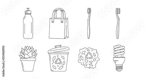 Outline drawing showcasing zero waste lifestyle items including a plant and toothbrush and a recycle bin