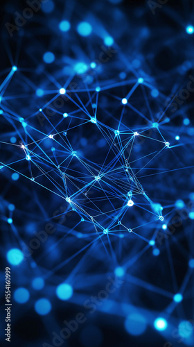 Abstract digital network, interconnected glowing blue nodes and lines, neural network. Ai generated image