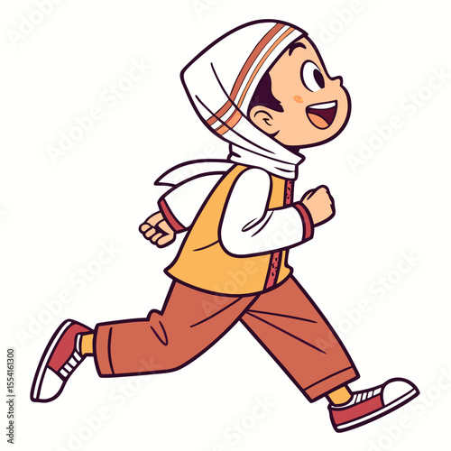 A muslim boy running cartoon illustration. Isolated on white background