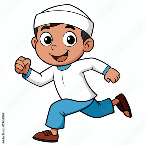 A muslim boy running cartoon illustration. Isolated on white background