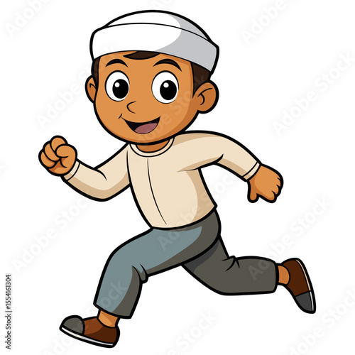 A muslim boy running cartoon illustration. Isolated on white background