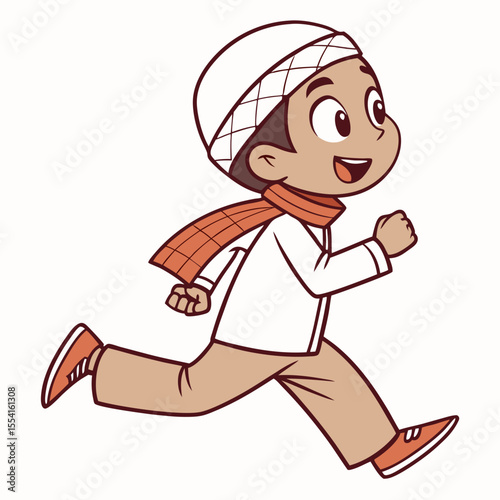 A muslim boy running cartoon illustration. Isolated on white background