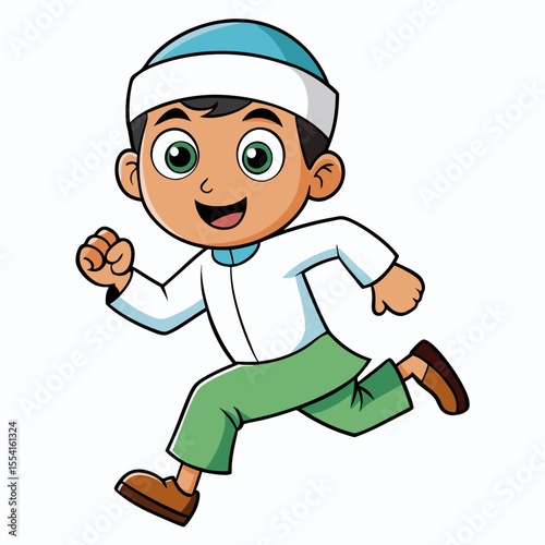 A muslim boy running cartoon illustration. Isolated on white background