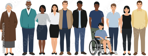 Inclusive community portrait with diverse people of all ages and backgrounds, standing united, showcasing equality, accessibility, multicultural identity, harmony, representation, social unity