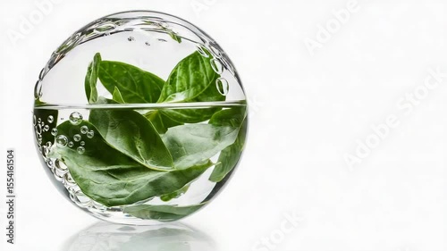 Technology and nature concept.Fresh green leaves immersed in clear water inside a glass sphere, with visible air bubbles and a white background.