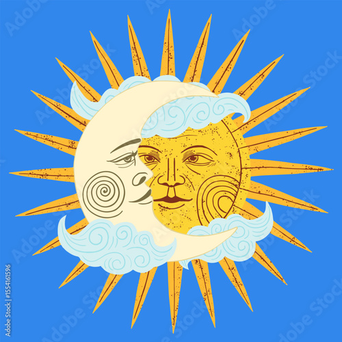 Golden sun and a crescent moon with a face. Design for tattoo, astrology, stickers, tarot.