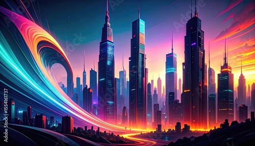 Futuristic Neon Cityscape At Sunset Pixel Art