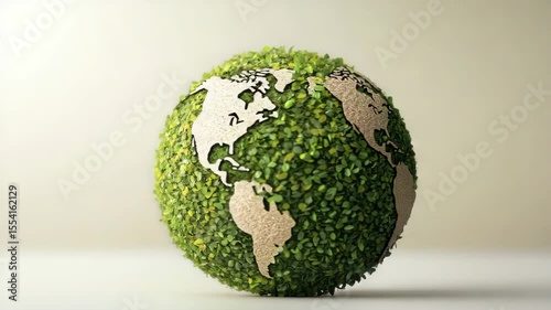 Technology and nature concept.A globe made of green leaves with continents crafted from a textured beige material, symbolizing eco-friendly Earth.