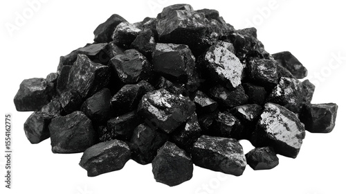 A striking pile of raw coal shimmers against a dark backdrop, perfect for illustrating energy, mining, or industrial themes, transparent background