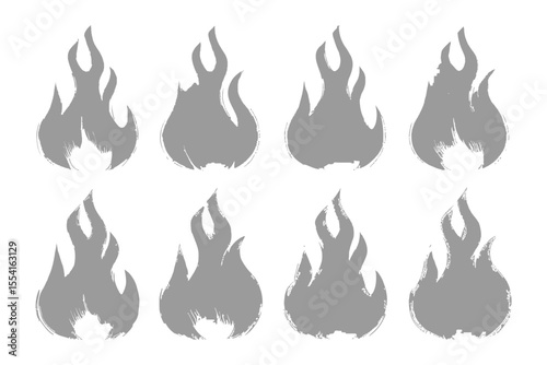 Burning with Artistic Expression: An array of gray fire flames, meticulously hand-drawn with a brush, evoking raw energy and dynamic movement, suitable for diverse design applications.