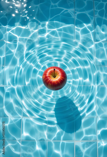 Red Apple Floating in Blue Water with Ripples