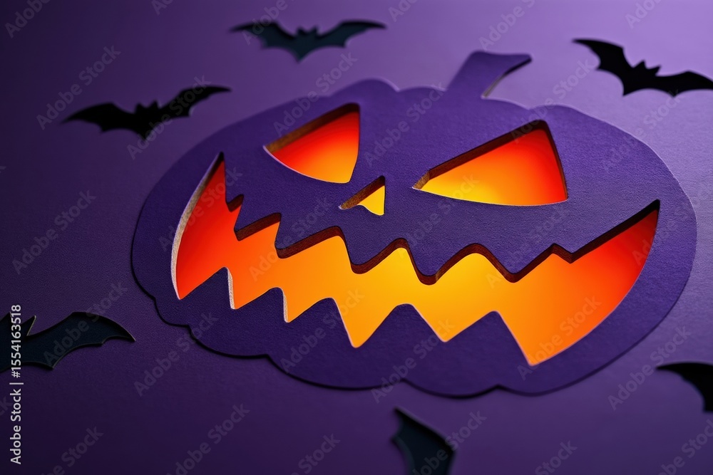 Fototapeta premium Eerie Halloween Pumpkin Cutout with Bats on Purple Background for Festive Holiday Decorations
