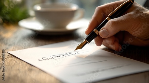 Close-up of a hand signing a document with a fountain pen. 