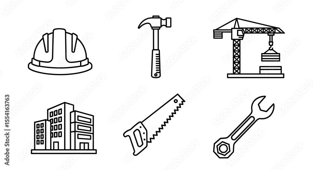 Fototapeta premium Outline drawing featuring construction tools and a building, arranged in a structured manner