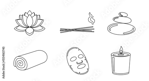 Line art illustration displaying spa elements including lotus, stones, towel and candle icons