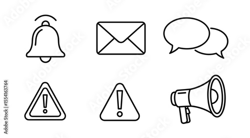 Collection of notification icons including a bell, email, chat bubbles, and warning signs in outline style