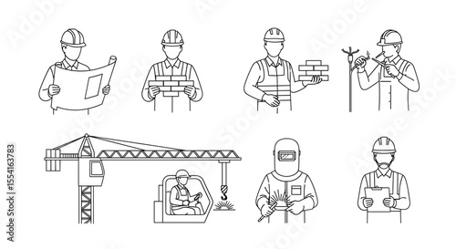 Illustrations showcasing construction workers and equipment in various roles and activities depicted clearly