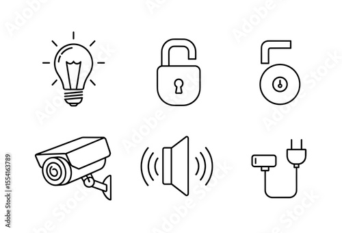 Line art showing bulb, unlocked and locked padlocks, camera, speaker, and plug icons displayed neatly