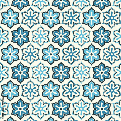 Seamless pattern with decorative flowers in blue and white colors
