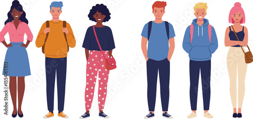 Trendy young adults in diverse casual outfits, standing together, representing street style, multicultural fashion expression, individuality, youth unity, stylish modern wardrobe, urban lifestyle