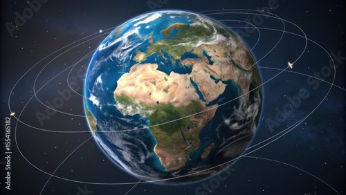 Earth seen from space with multiple satellite orbits encircling the planet, highlighting global connectivity and space technology.