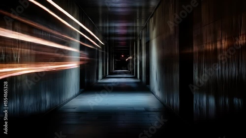 Long Exposure Shot of an Empty Dark Underground Tunnel with Motion Blur Light Streaks and Gray Concrete Walls Architecture