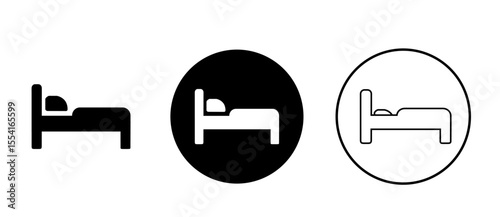 Minimalist vector illustration of three bed icons in solid black and white styles. Includes a simple standalone bed silhouette, a filled circle containing a bed icon, and an outlined circle variation