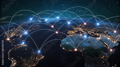 A digital global network connects cities across continents, illustrating worldwide communication and data exchange under a starry night sky.