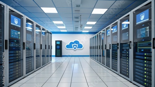A modern data center with rows of server racks, displaying cloud security icons on screens and walls, emphasizing cybersecurity and cloud computing.
