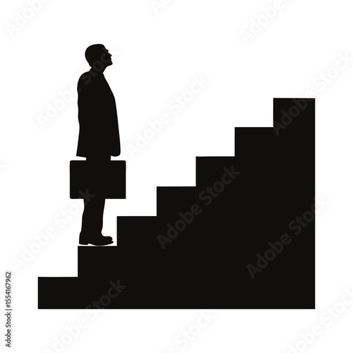 Vector silhouette illustration of a walking businessman with a briefcase up stairs icon on white background success 