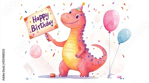 happy birthday illustration - a dinosaur holding up a birthday sign